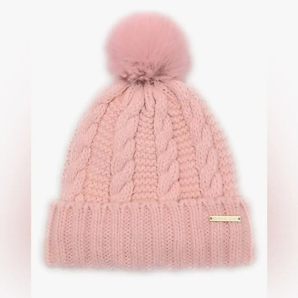 NWT - Michael Michael Kors - Women`s Cable Knit Teddy Fleece Faux Fur Pom Po…